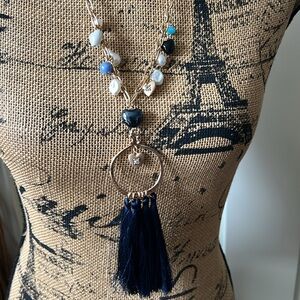 Pretty Gold Tone Chain With Beads Heart And Tassel Pendant
